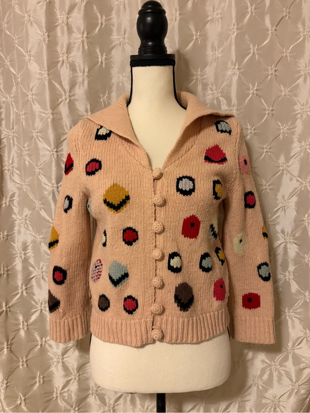 Anthropologie HWR Ballet Pink "Chocolate Box" Candy Dot Knit Cardigan Sweater M